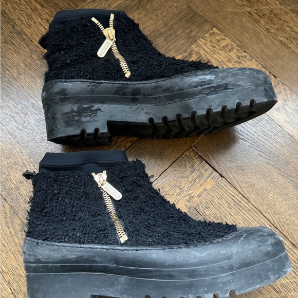 CHANEL Shoes - CHANEL Textured Black Ankle Boots with Gold Accents